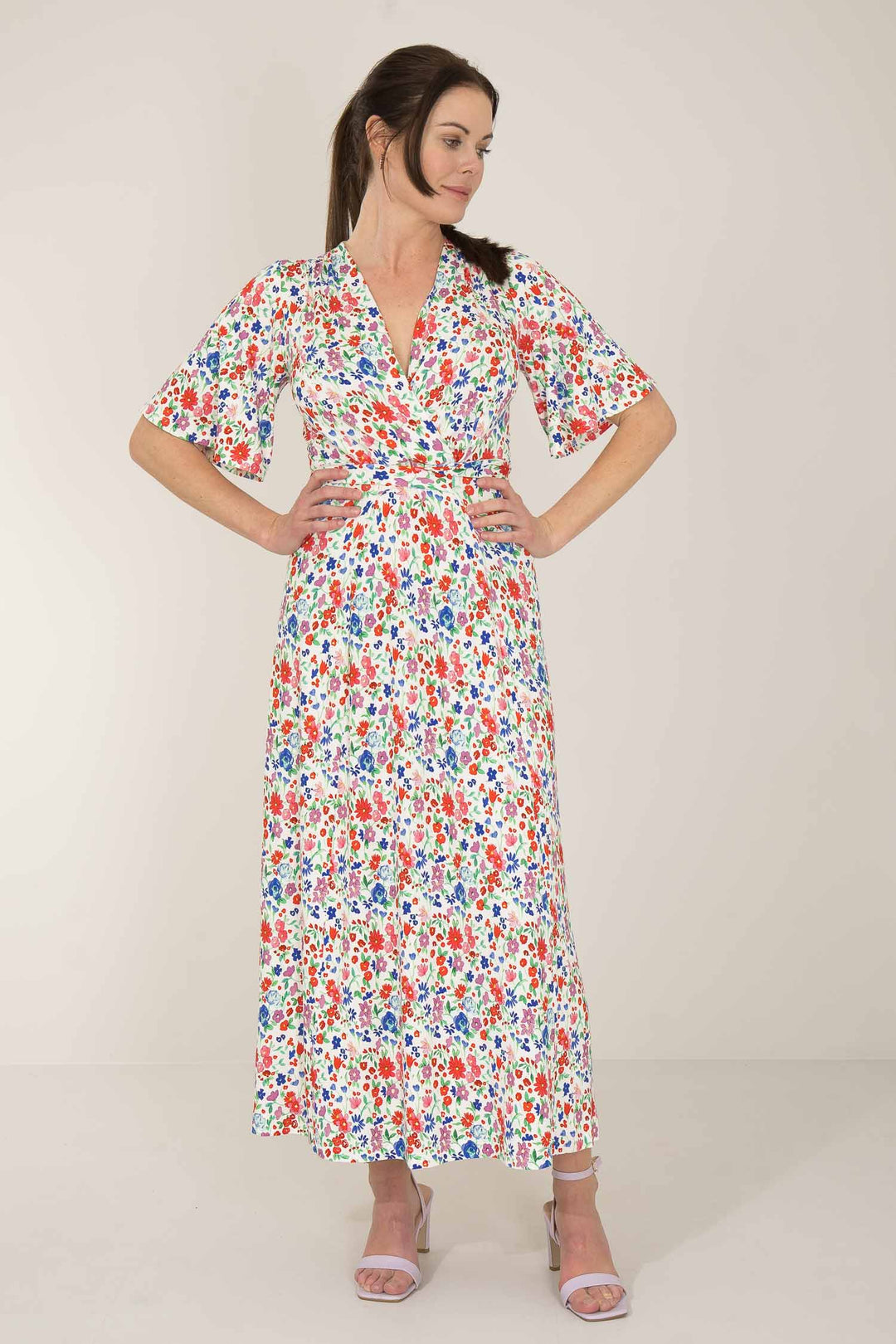 Essential bell sleeve printed long jersey dress - Pink flowers - Blomstret, lang jerseykjole 