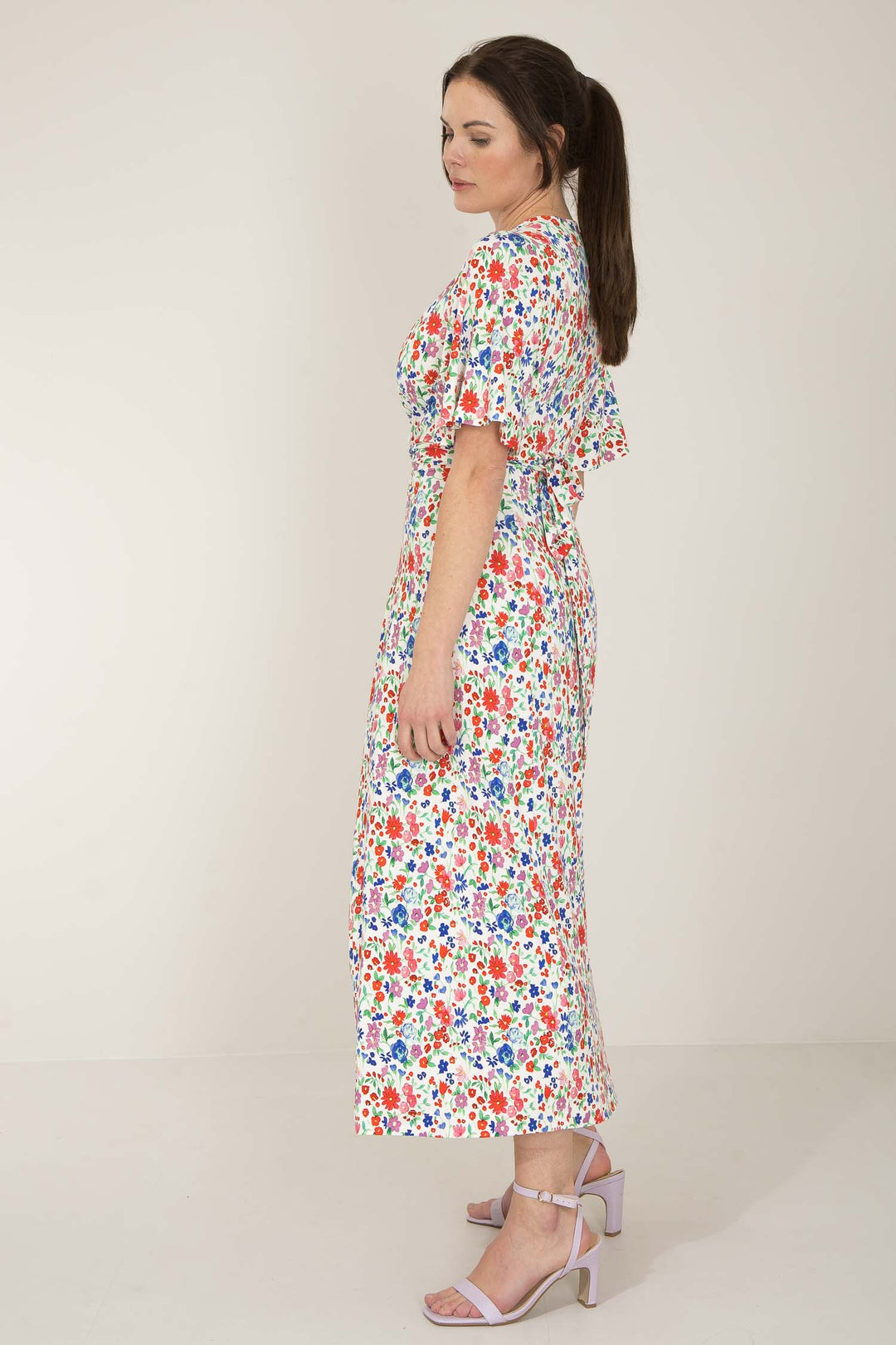 Essential bell sleeve printed long jersey dress - Pink flowers - Blomstret, lang jerseykjole 