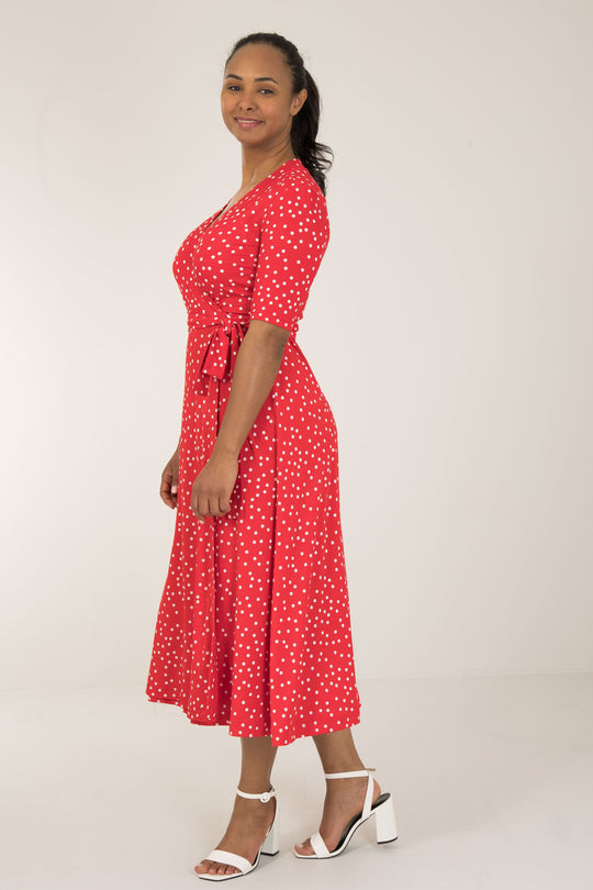 Bestie printed midi wrap jersey dress - Red dot - Prickig, vadlång omlottklänning i trikå