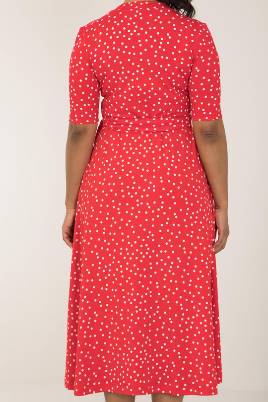 Bestie printed midi wrap jersey dress - Red dot - Prickig, vadlång omlottklänning i trikå