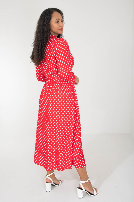 Pure EcoVero woven viscose midi dress - Red flowers - Rød-hvit mønstret lårkort skjortekjole 