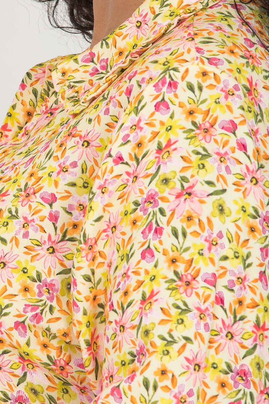 Pure EcoVero woven viscose midi dress - Yellow flowers - Gul mønstret legglang skjortekjole 