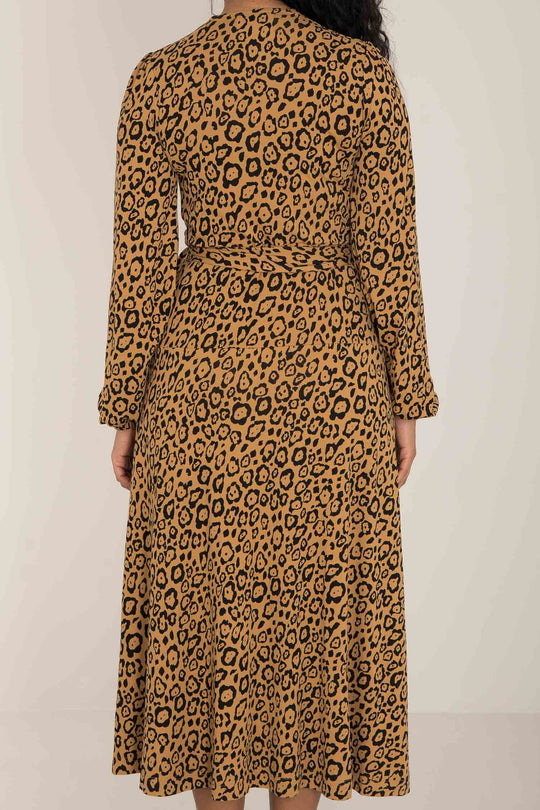 Puff sleeve printed midi wrap jersey dress - Brown Leo - Leopardmønstret omslagskjole i jersey