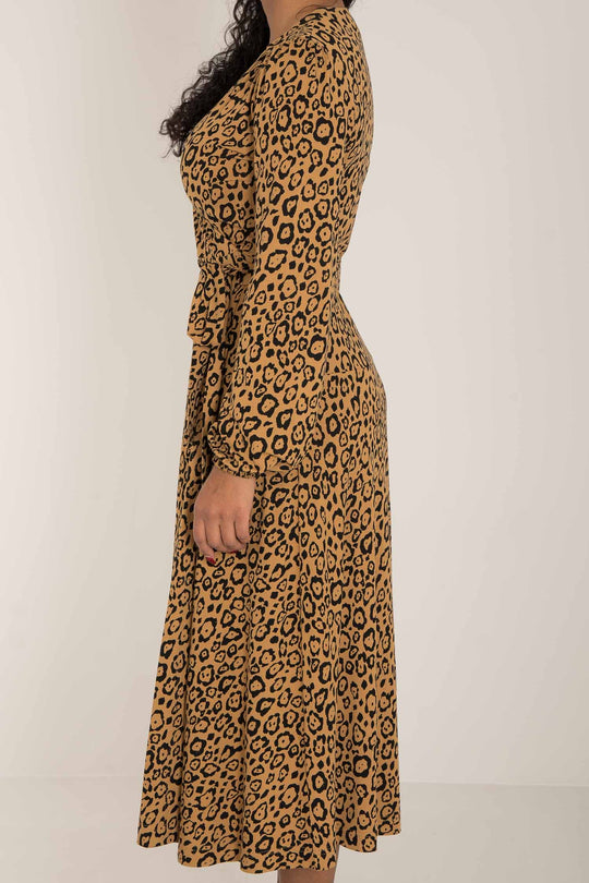 Puff sleeve printed midi wrap jersey dress - Brown Leo - Leopardmønstret omslagskjole i jersey