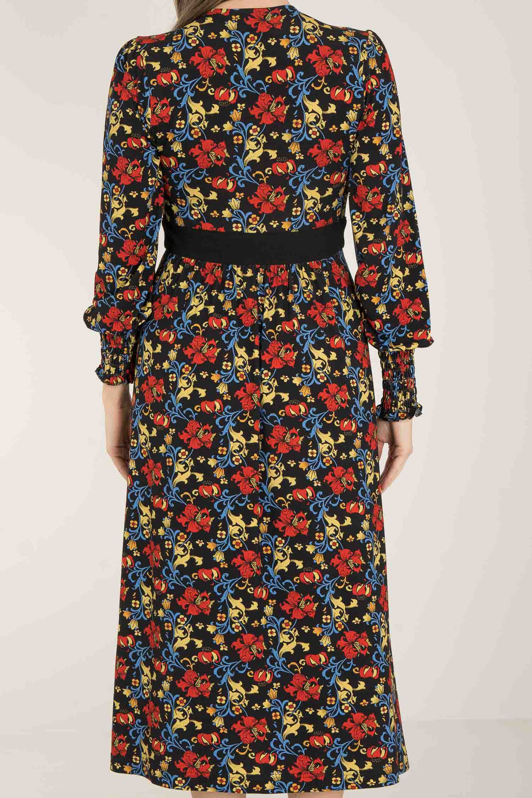 V-neck ruffle printed midi jersey dress - Black - Legglang, mønstret jersey kjole