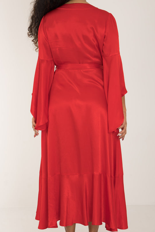 Satin viscose frill wrap mid dress - Ruby red - Röd, vadlång omlottklänning